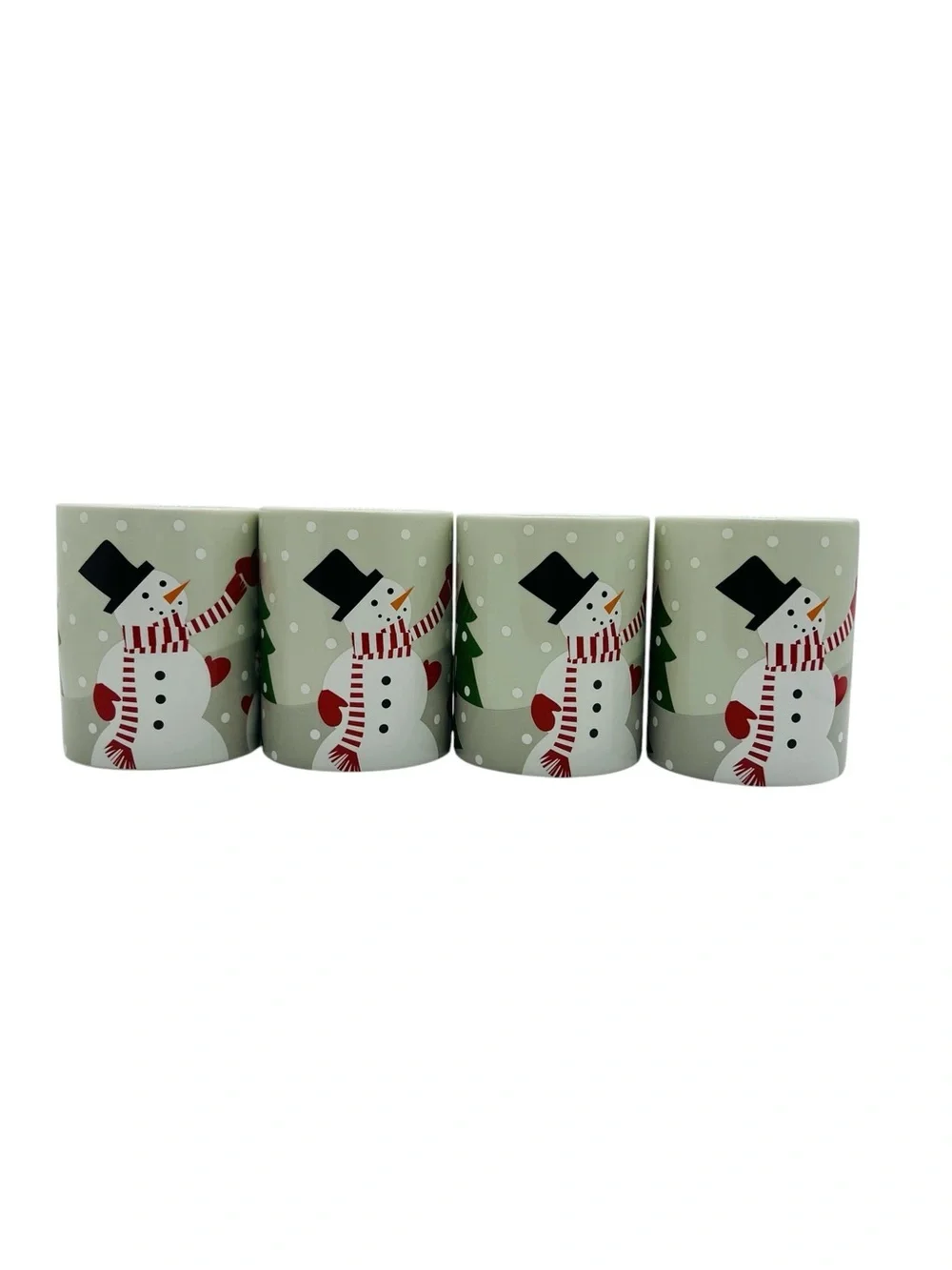 Crate&Barrel Sage Green Snowman Mug Set of 4 with Red Accents